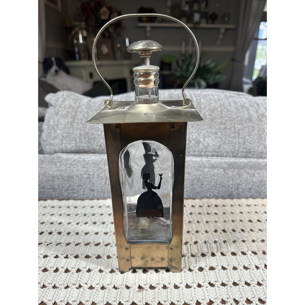 Vtg Music Box Whiskey Decanter Brass‎ Glass MCM How Dry I Am Home Bar Decor 11"